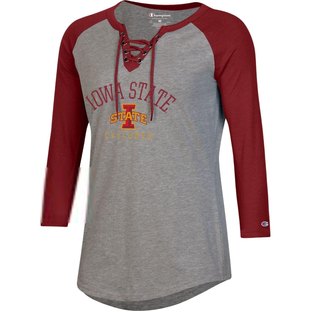 Iowa State University Women's Lace Up Grey/Red Raglan Tee