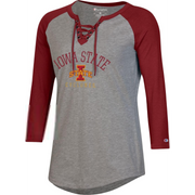 Iowa State University Women's Lace Up Grey/Red Raglan Tee