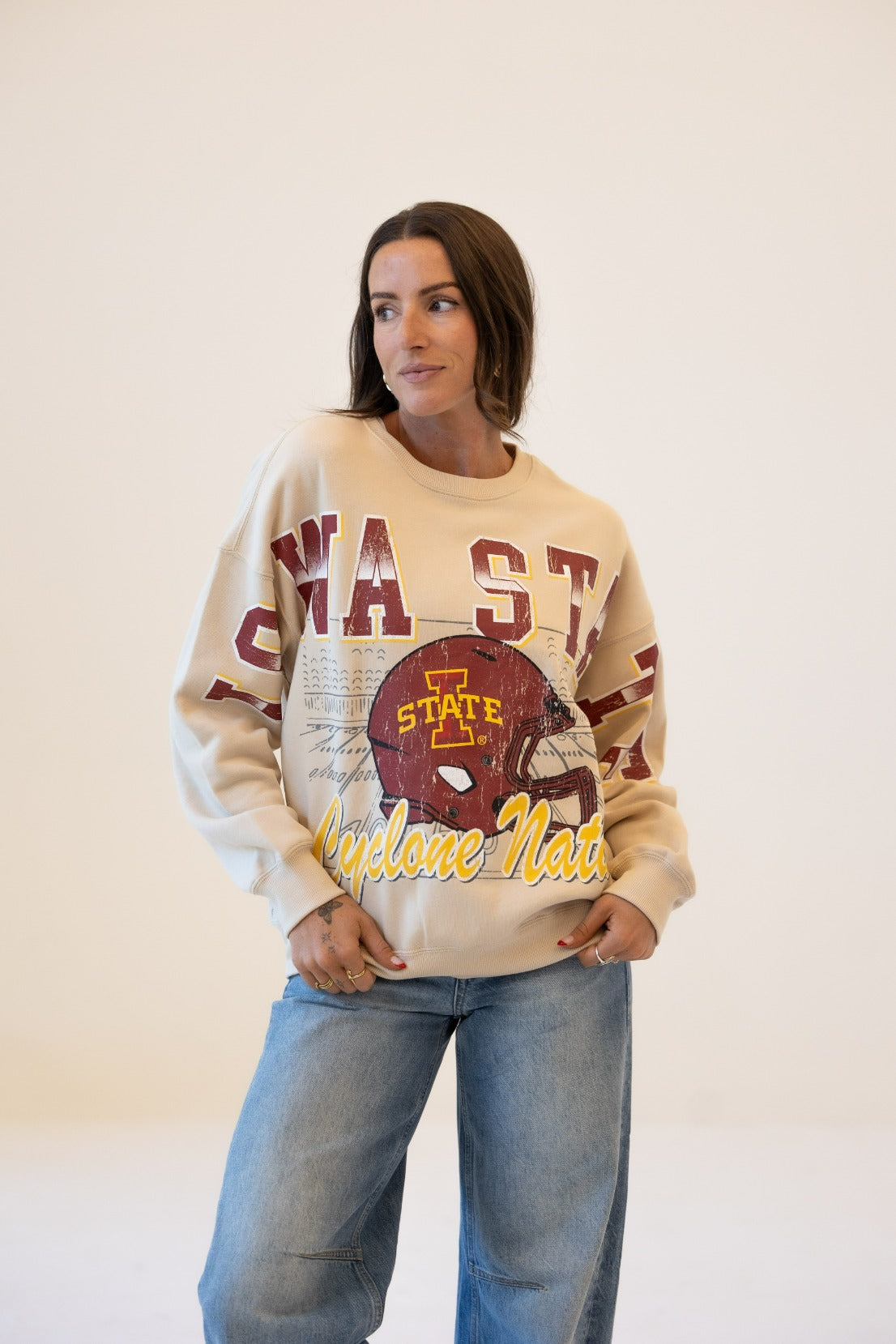 Iowa State Women's Gameday Social Tan Football Crewneck